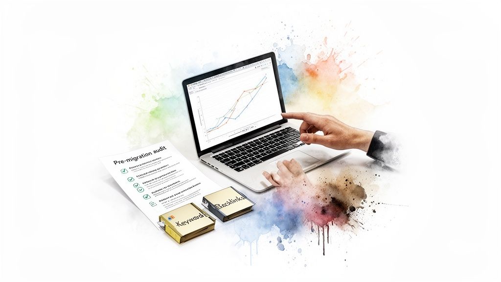 Laptop displaying SEO data, a pre-migration audit checklist, and keyword/backlink tools.