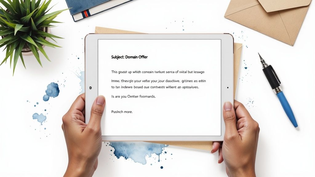 Hands holding a tablet displaying an email about a domain offer on a white desk.