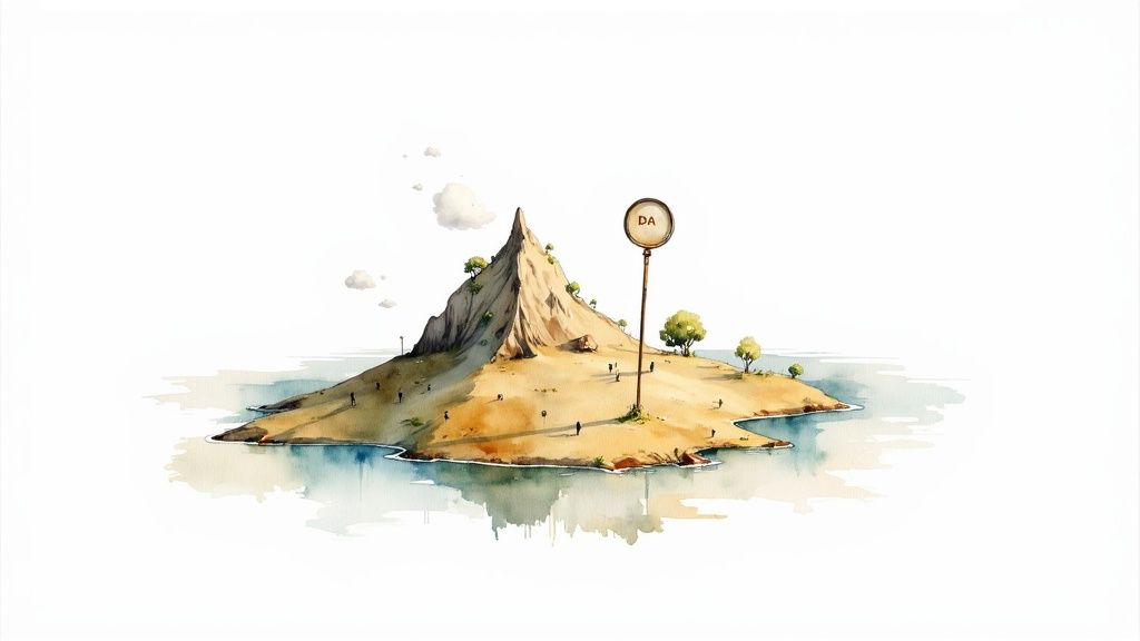 A watercolor illustration of a small island with a mountain, trees, and a 'DA' signpost.