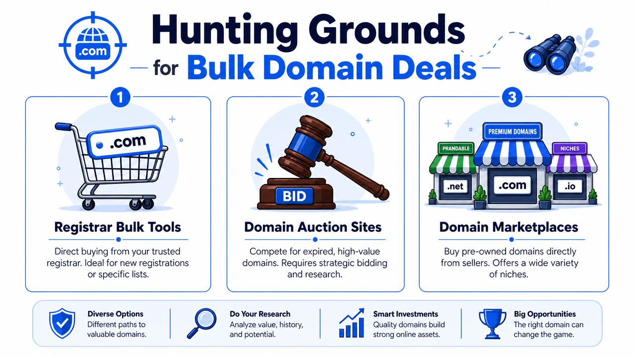 An infographic showing three main ways to buy domain names in bulk: registrars, auctions, and marketplaces.