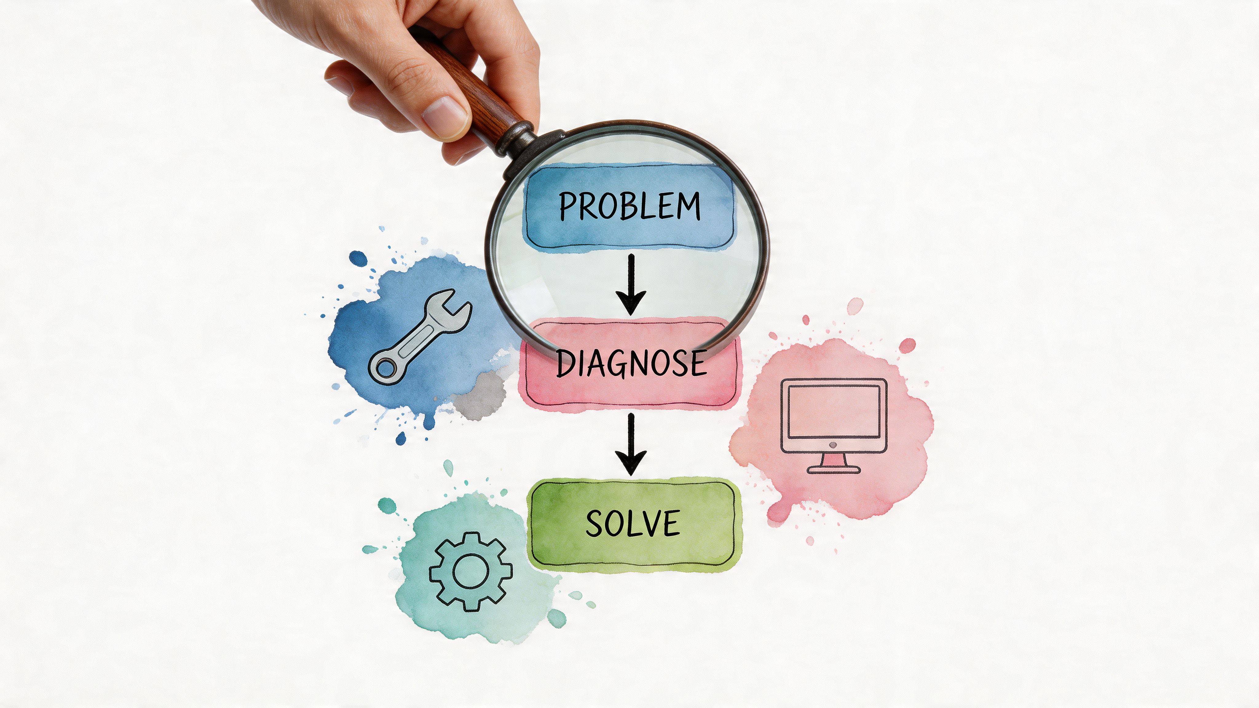 A hand holds a magnifying glass over a flowchart labeled problem, diagnose, and solve with icons.