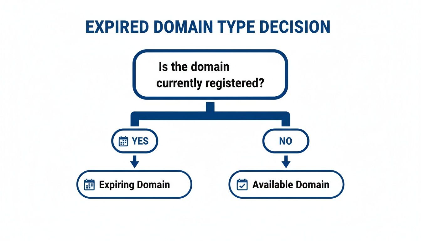 Flowchart outlining expired domain types based on registration status: Expiring Domain or Available Domain.