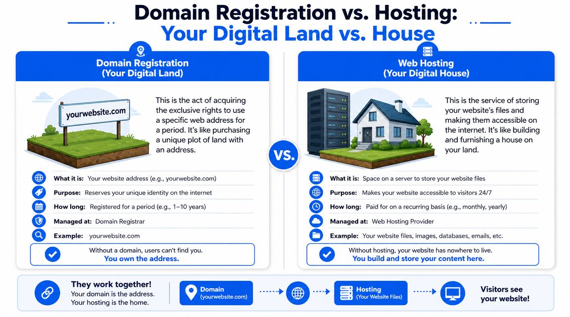 An infographic comparing domain registration as a digital address versus web hosting as a digital house.