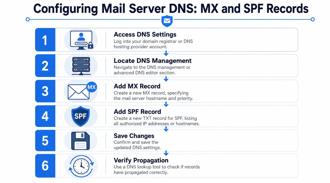 A six-step infographic illustrating the process of configuring MX and SPF records for mail server DNS management.