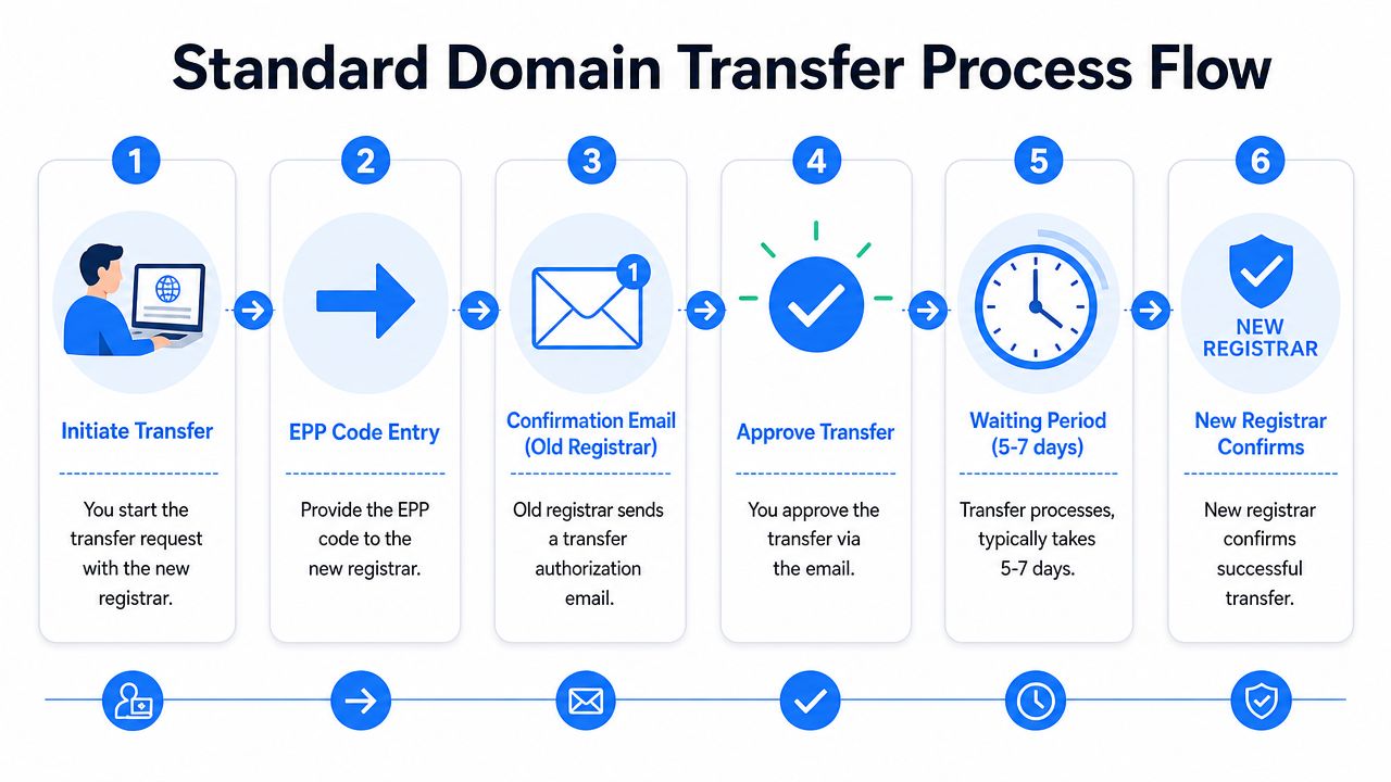 A six-step infographic showing the standard process for transferring a domain name between registrars.