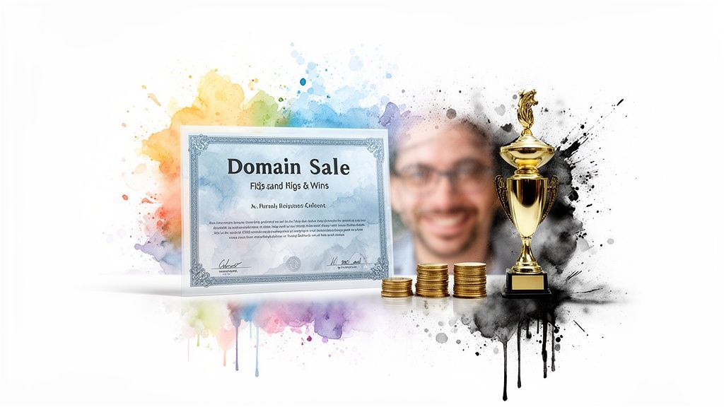 A 'Domain Sale' certificate, gold trophy, coins, and a smiling man amidst colorful and black watercolor splashes.