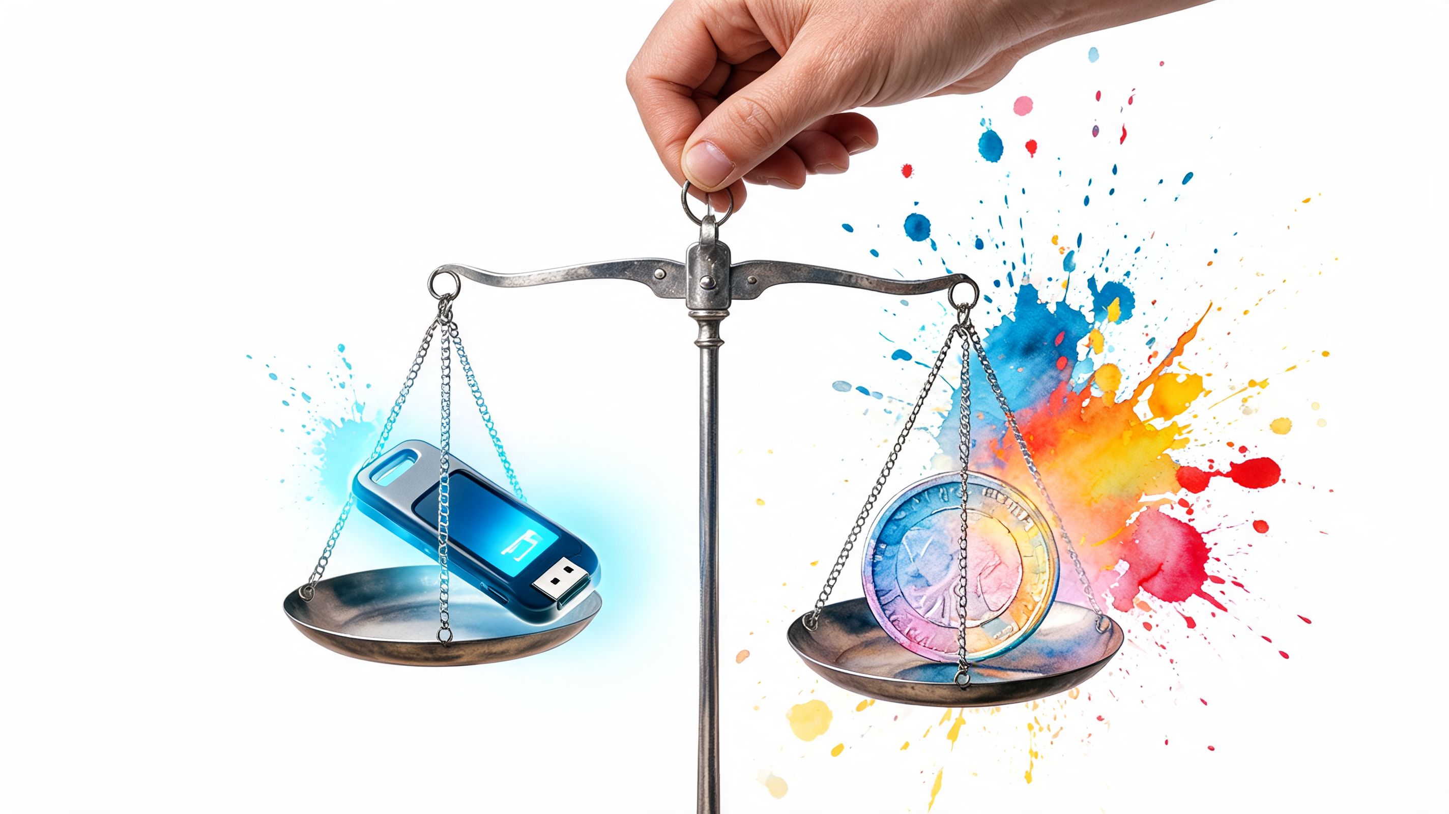 A hand holding a balance scale weighing a USB flash drive against a coin with colorful splashes