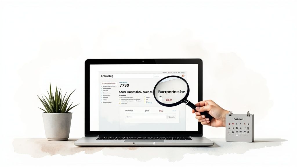A hand holds a magnifying glass over a laptop screen displaying a domain name search.