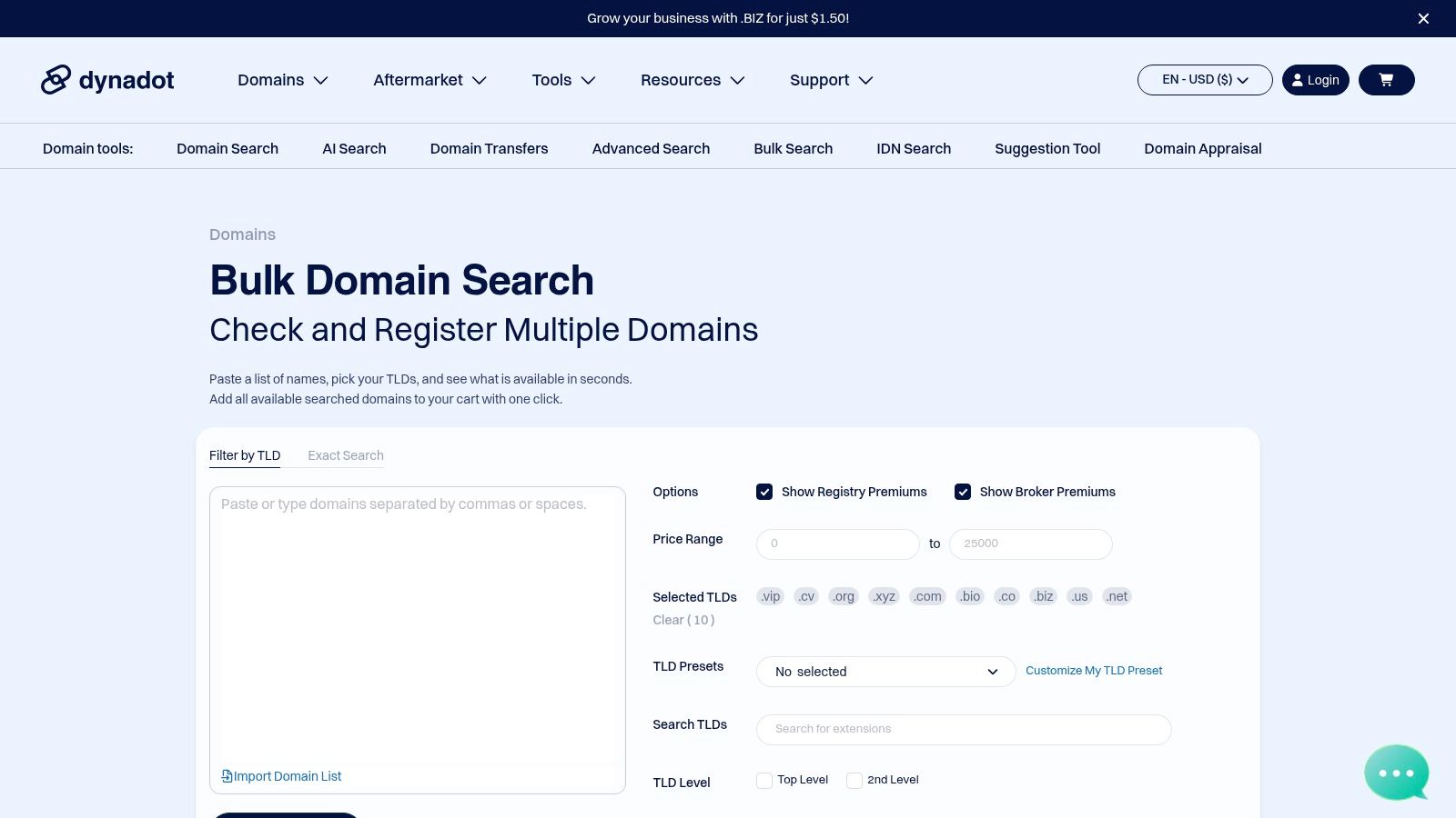 Dynadot – Advanced/Bulk Domain Search