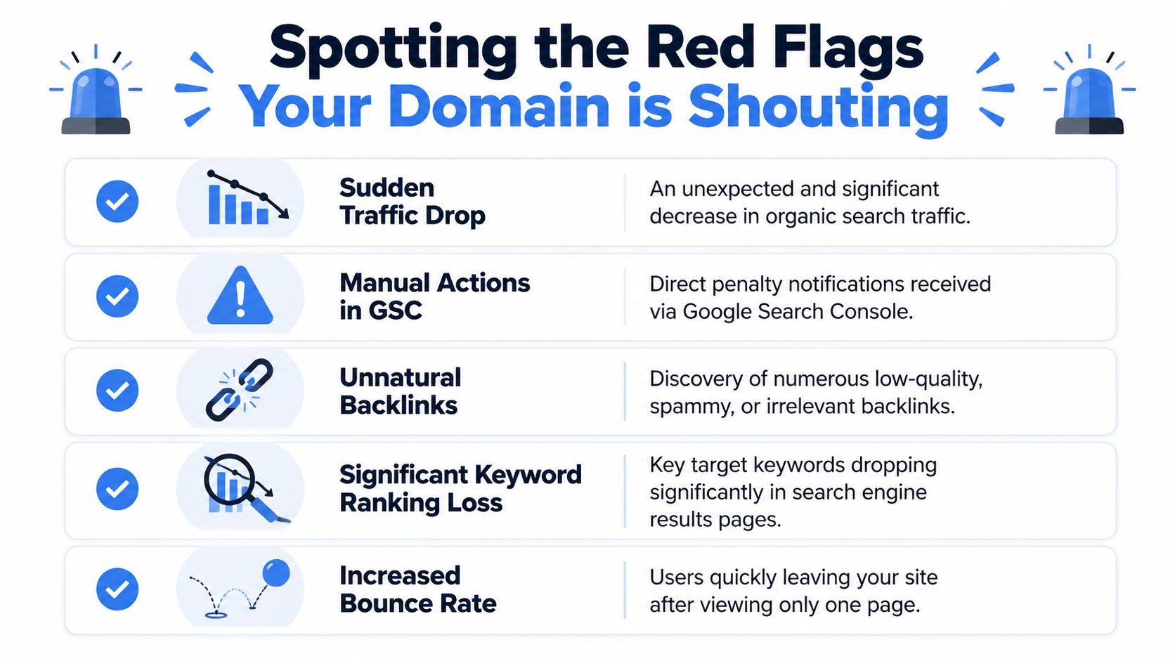 A red flag checklist for identifying potential domain penalties and poor website performance issues.