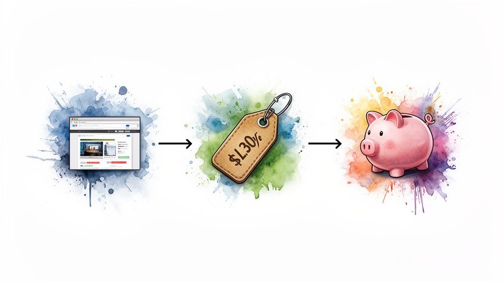 A visual sequence showing a web browser, a '$L.30%' price tag, and a pink piggy bank, symbolizing domain investment savings.