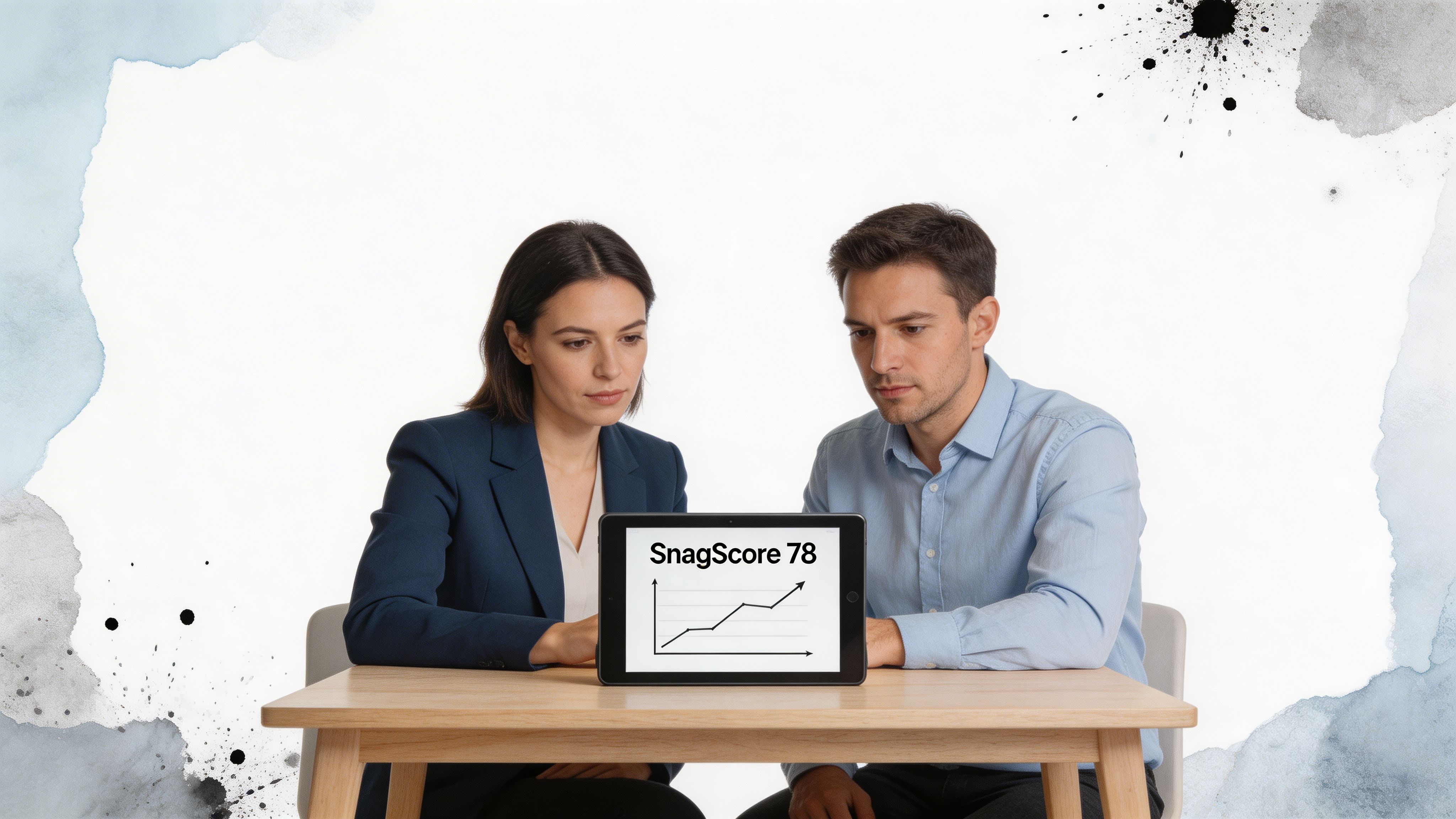 A professional man and woman sitting at a desk reviewing growth data on a tablet screen.
