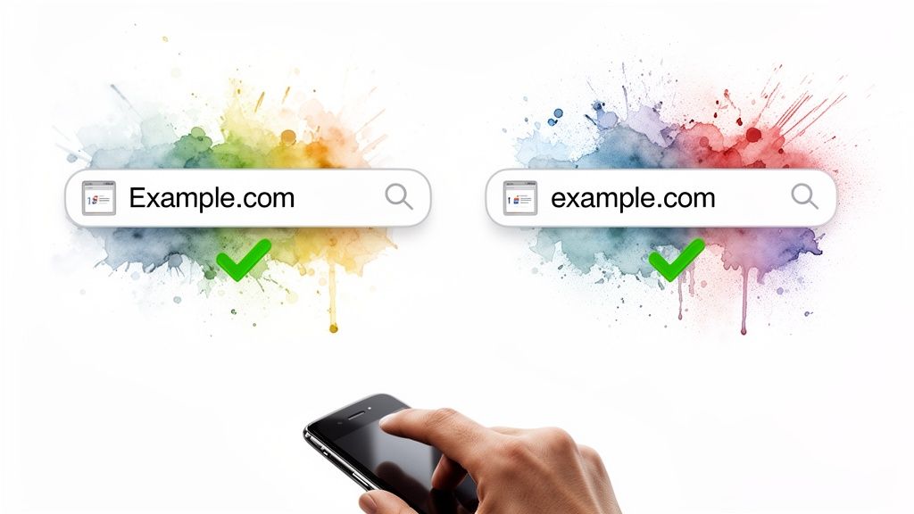 Hand using a smartphone with two search bars, 'Example.com' and 'example.com', both valid, demonstrating domain case-insensitivity.