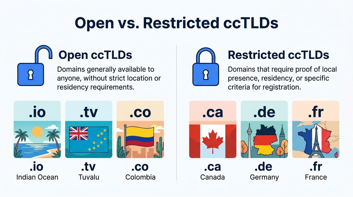 A comparison chart showing the difference between open and restricted country code top-level domain extensions.