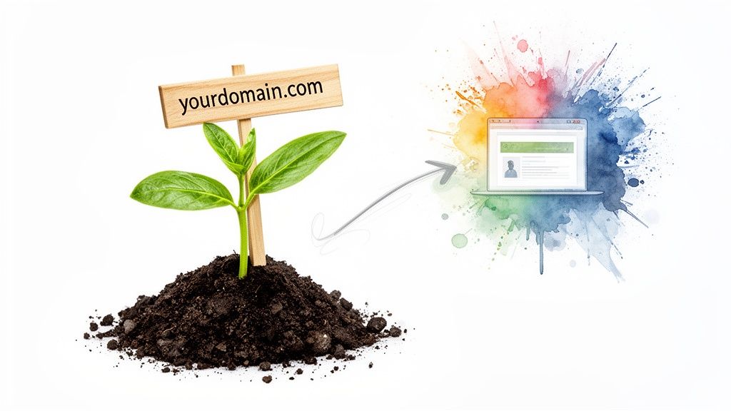 A plant with a 'yourdomain.com' sign in soil, symbolizing growth towards a laptop displaying a website.