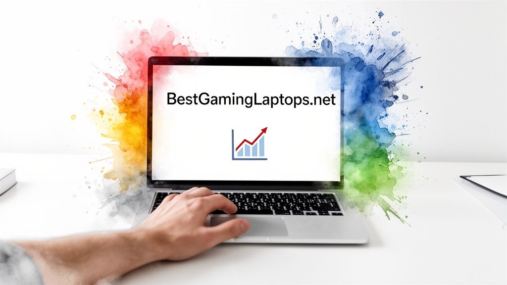A hand typing on a laptop displaying 'BestGamingLaptops.net' and a rising trend graph, with watercolor splatters.