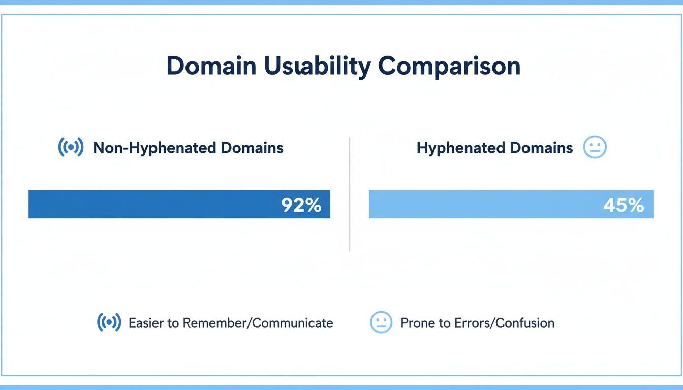 Bar chart comparing domain usability: Non-hyphenated domains are 92% easier to remember, hyphenated 45% prone to errors.
