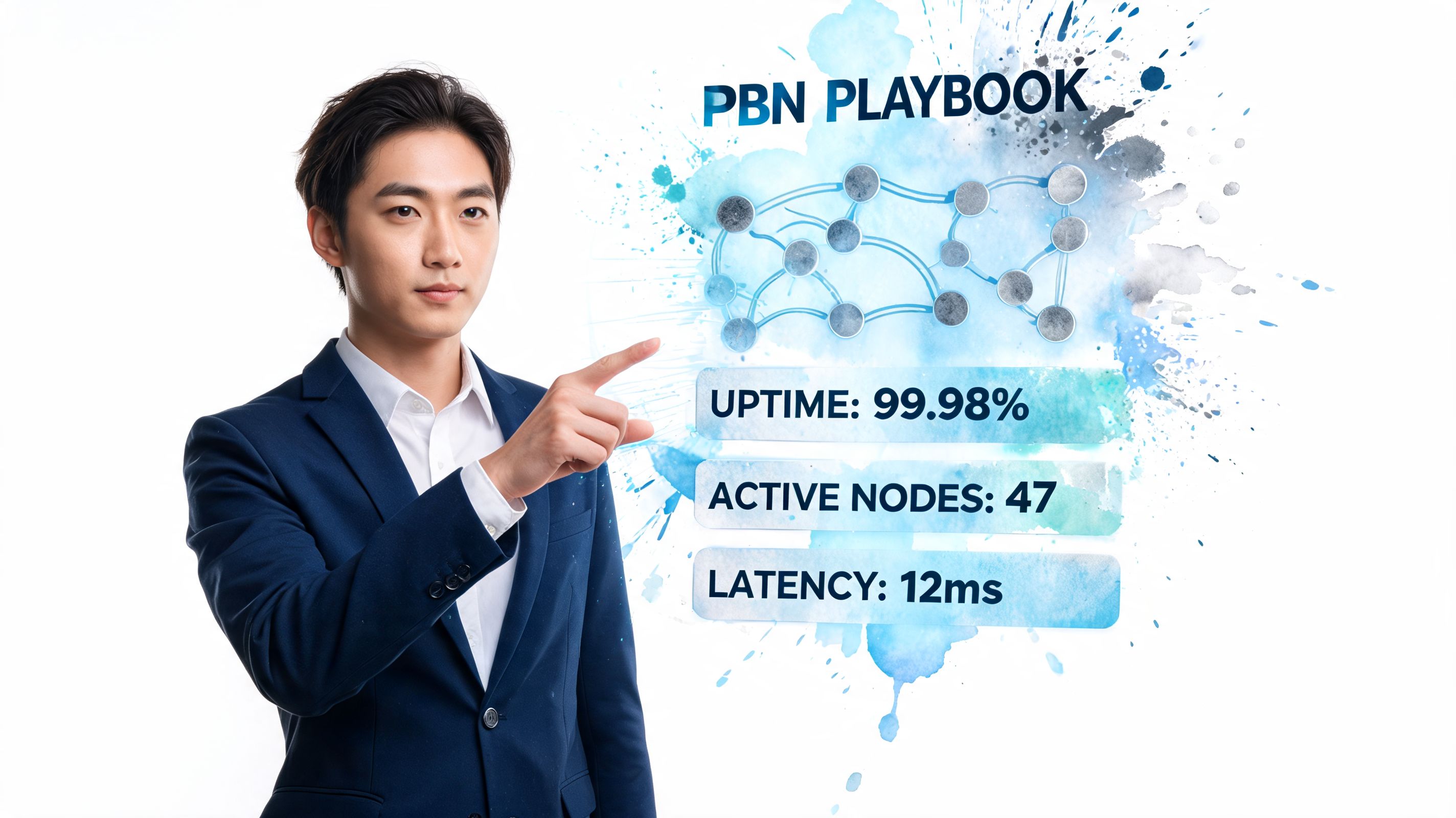 A professional man in a suit pointing towards a digital PBN network infographic showing system metrics