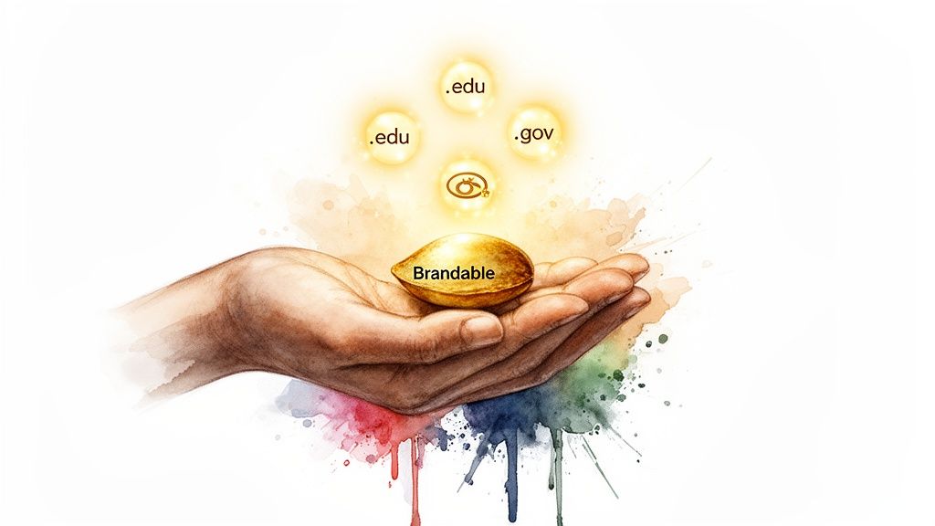 A hand holds a golden seed labeled 'Brandable', with glowing orbs like '.edu' and '.gov' floating above, representing digital domains.