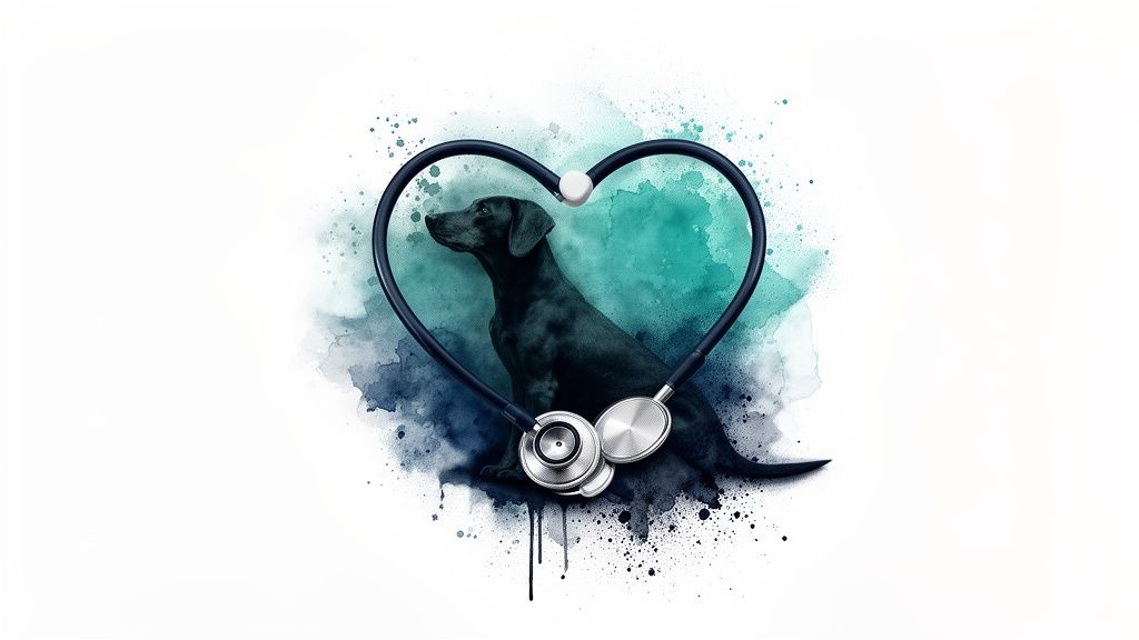 A black dog sits within a heart-shaped stethoscope with blue and green watercolor splashes.