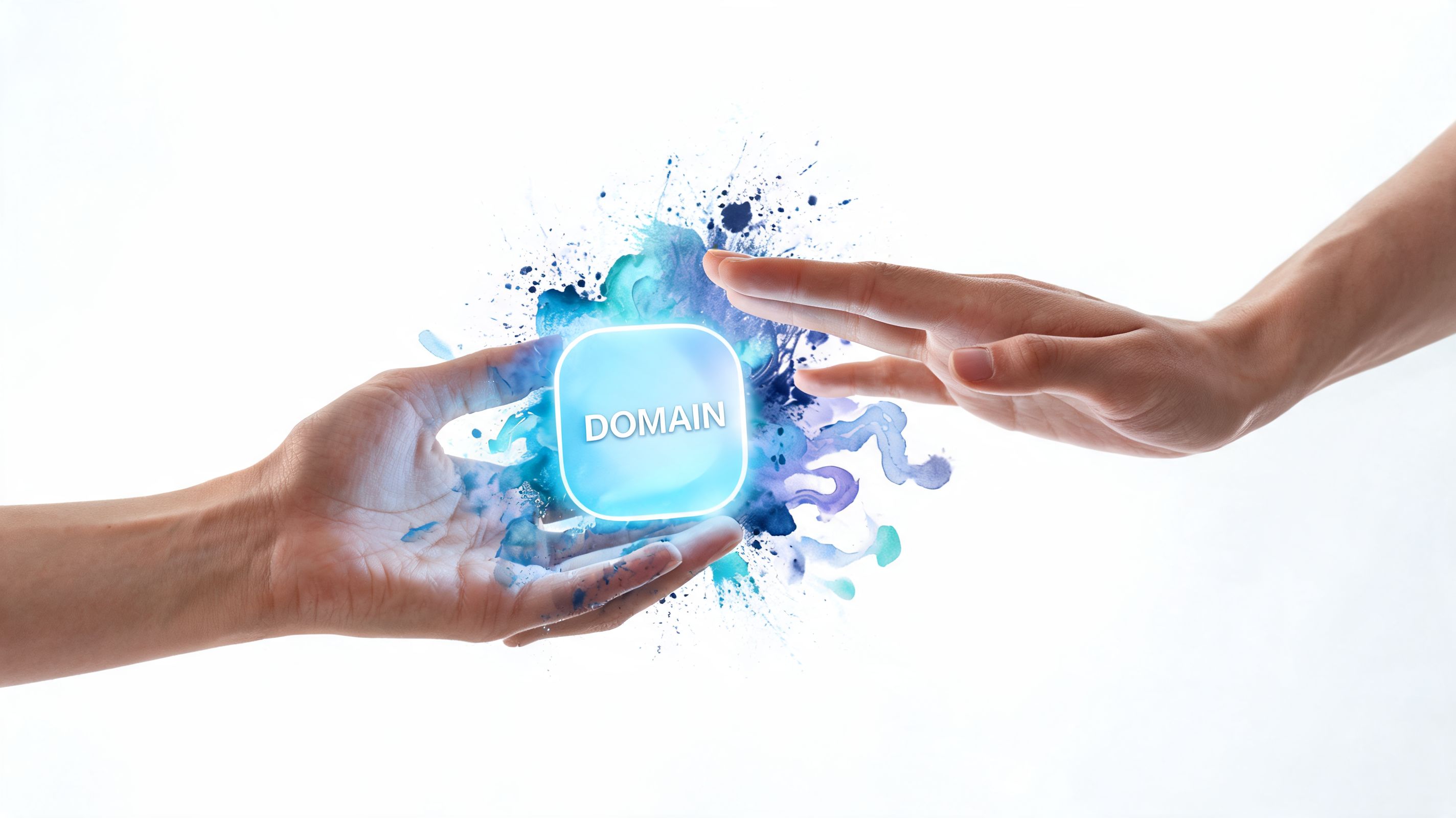 Two hands reaching towards a glowing digital square with the word Domain floating between them