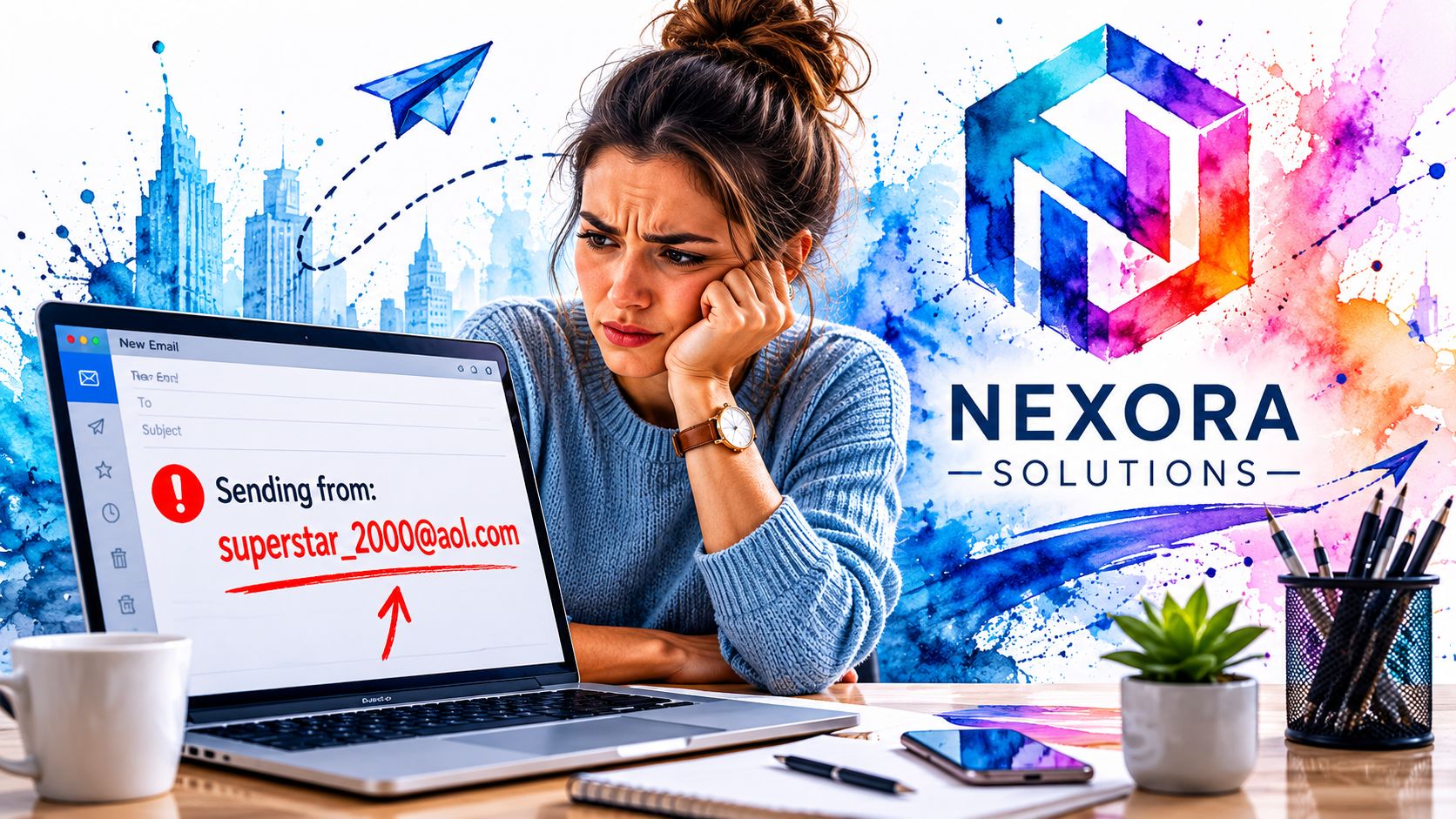 A concerned woman sitting at a desk looking at a laptop displaying an unprofessional email address.