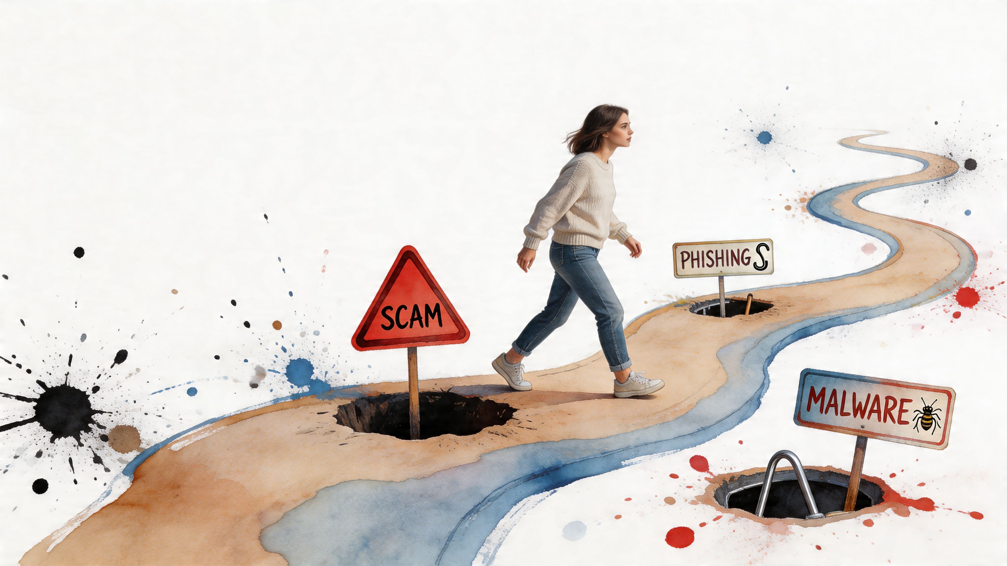 A woman walks along a winding path with signs warning of online threats like scams and malware.