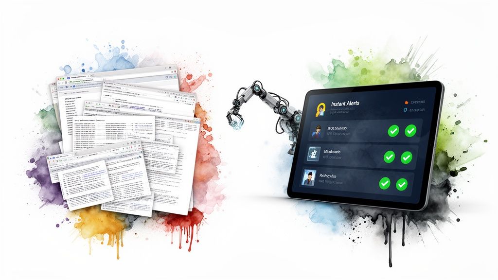 Robot arm links data-filled browser windows to a tablet with instant alerts and user confirmations.