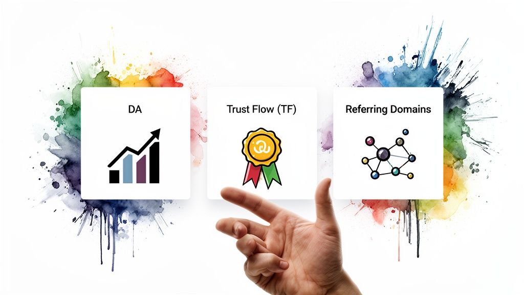 Three cards display SEO metrics: Domain Authority, Trust Flow, and Referring Domains with icons, held by a hand.