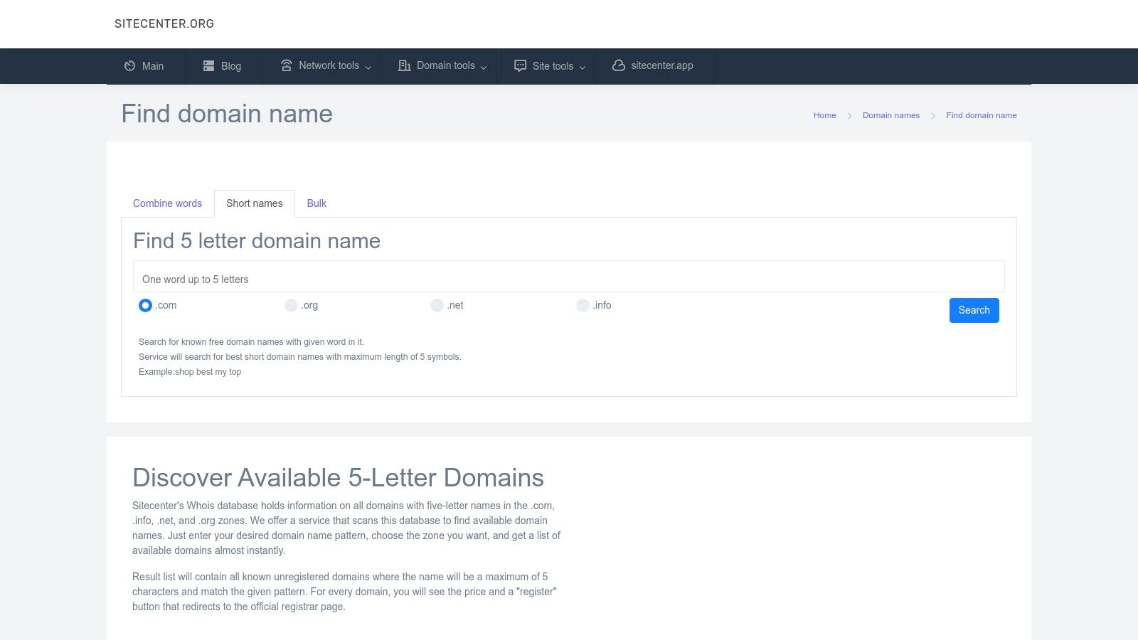 Sitecenter – 5‑Letter Domain Finder