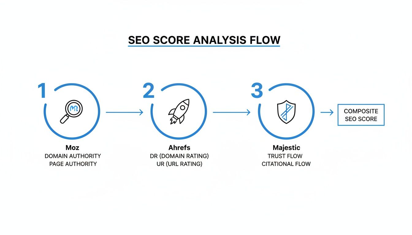 Flowchart illustrating SEO score analysis using Moz, Ahrefs, and Majestic for a composite score.