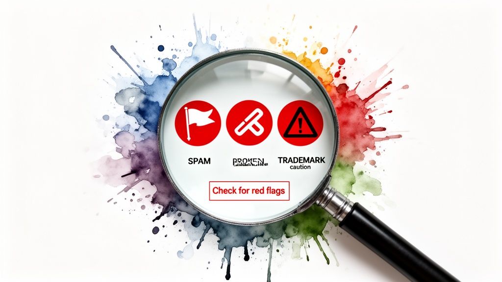 A magnifying glass highlighting red flags for spam, broken links, and trademark caution, on a white background with colorful splatters.