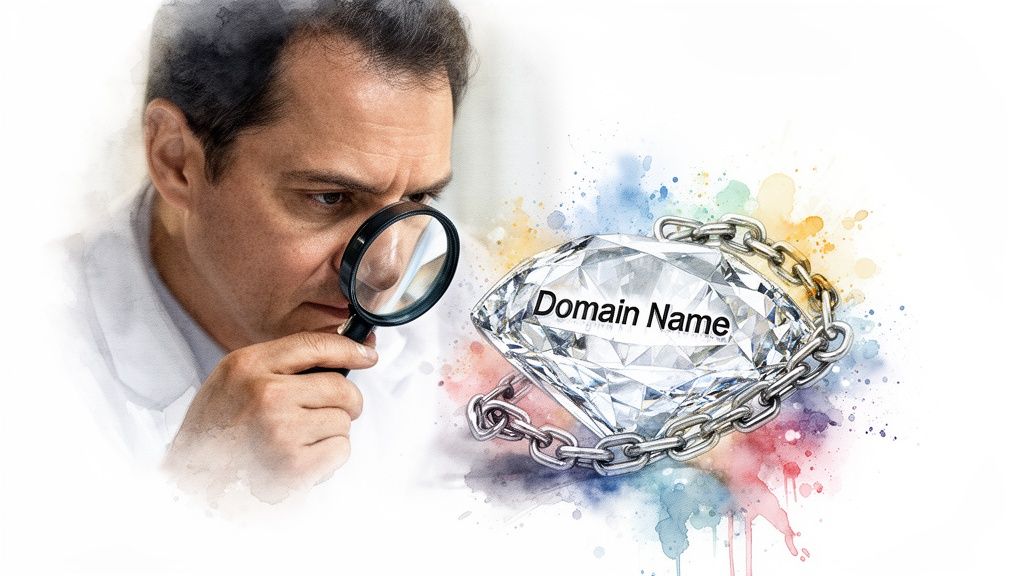 Man with magnifying glass inspecting a valuable diamond labeled "Domain Name" on a colorful background.