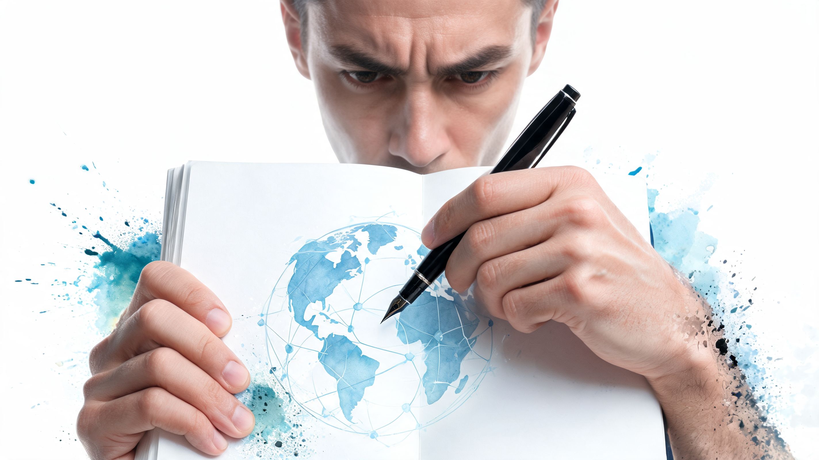 A focused man intently writing on a notebook page showing a global network connection map illustration.