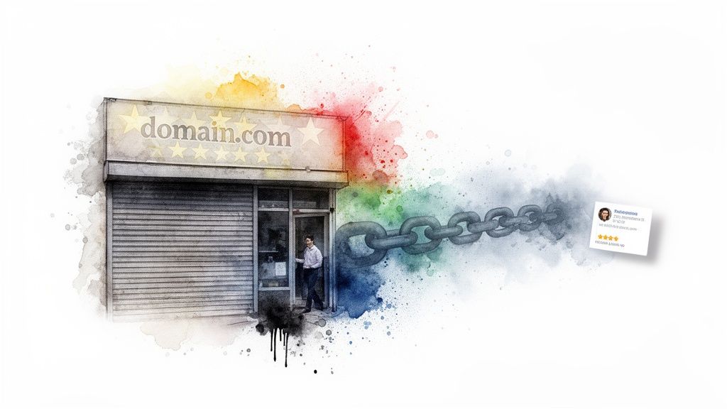 A watercolor illustration shows a 'domain.com' store chained to a 5-star online review card.