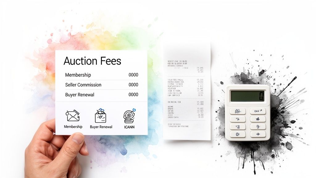 Hand holding an 'Auction Fees' card with membership, commission, and renewal details, beside a receipt and calculator.