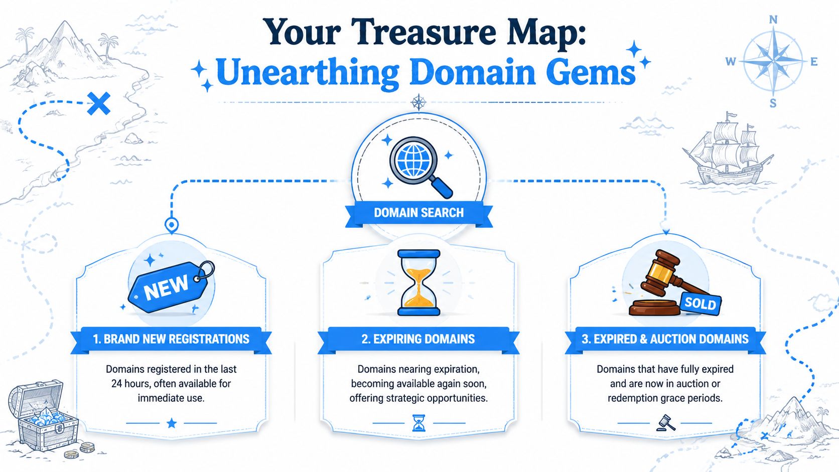 An infographic titled Your Treasure Map Unearthing Domain Gems explaining three ways to acquire domain names.