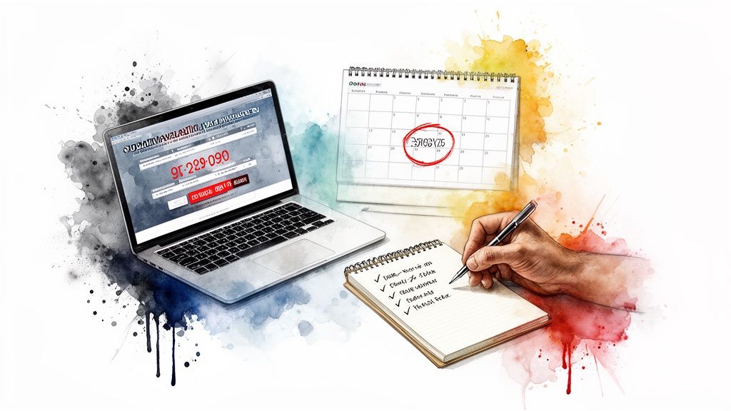 A vibrant watercolor image of a laptop, calendar, and a hand making a to-do list.