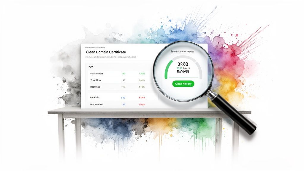 A Clean Domain Certificate displayed on a screen, showing domain metrics and a 'Clean History' button.