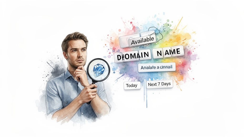 Thoughtful man searches for valuable domain names, examining options like 'Available' and 'Next 7 Days'.