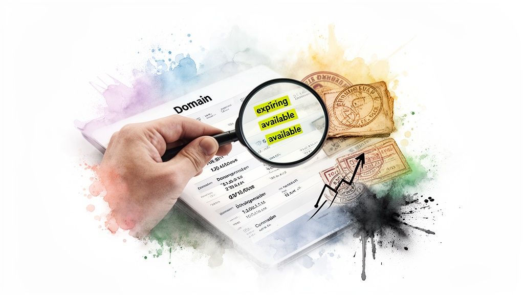 Magnifying glass over a tablet showing expiring and available domains with stamps and a trend graph.