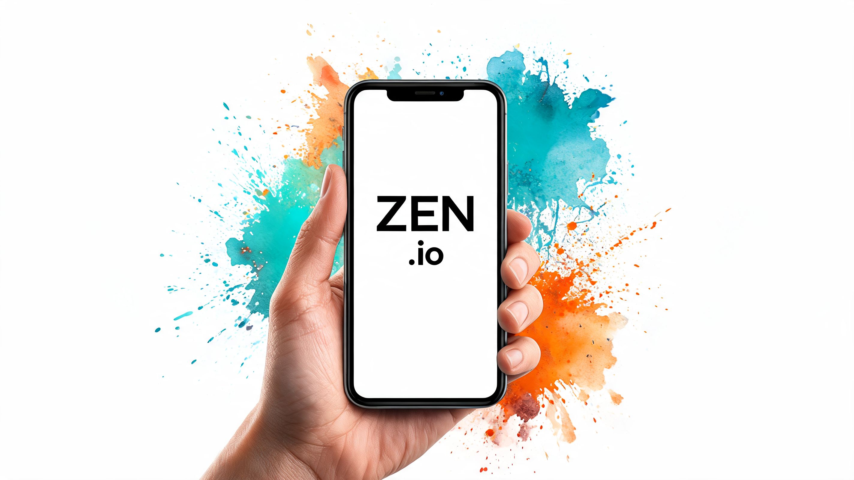 A hand holding a smartphone showing the Zen.io logo against a colorful watercolor paint splash background.
