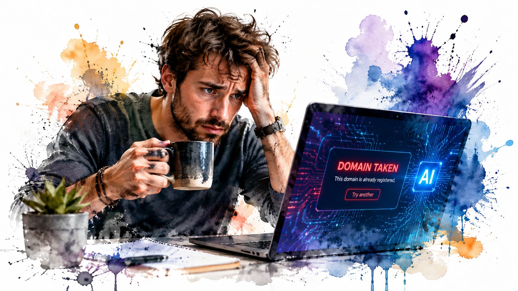 A frustrated man sits at a desk with a coffee, looking at a domain taken notification on his laptop.