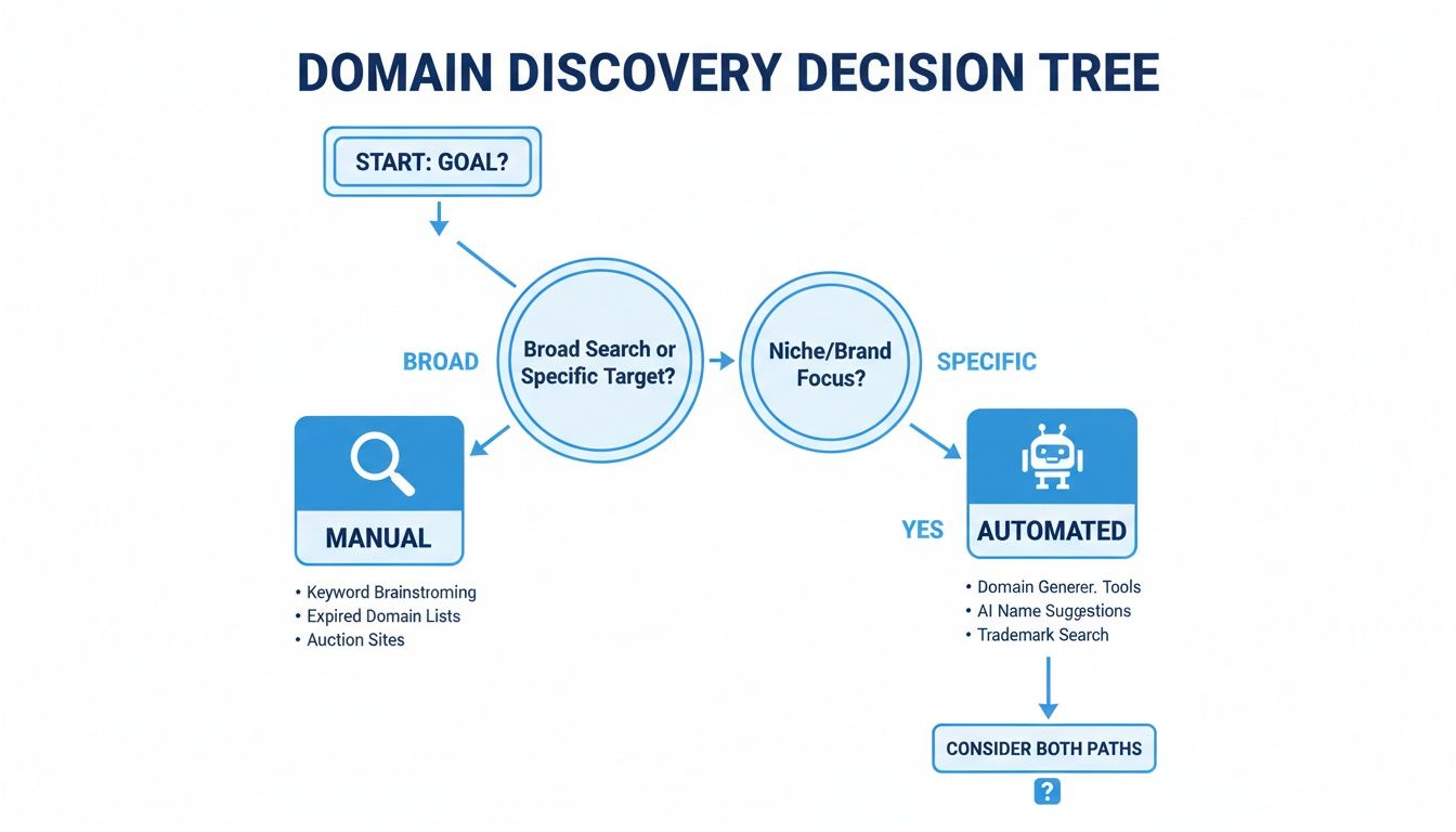 Decision tree for domain discovery, outlining manual and automated search methods based on search focus.
