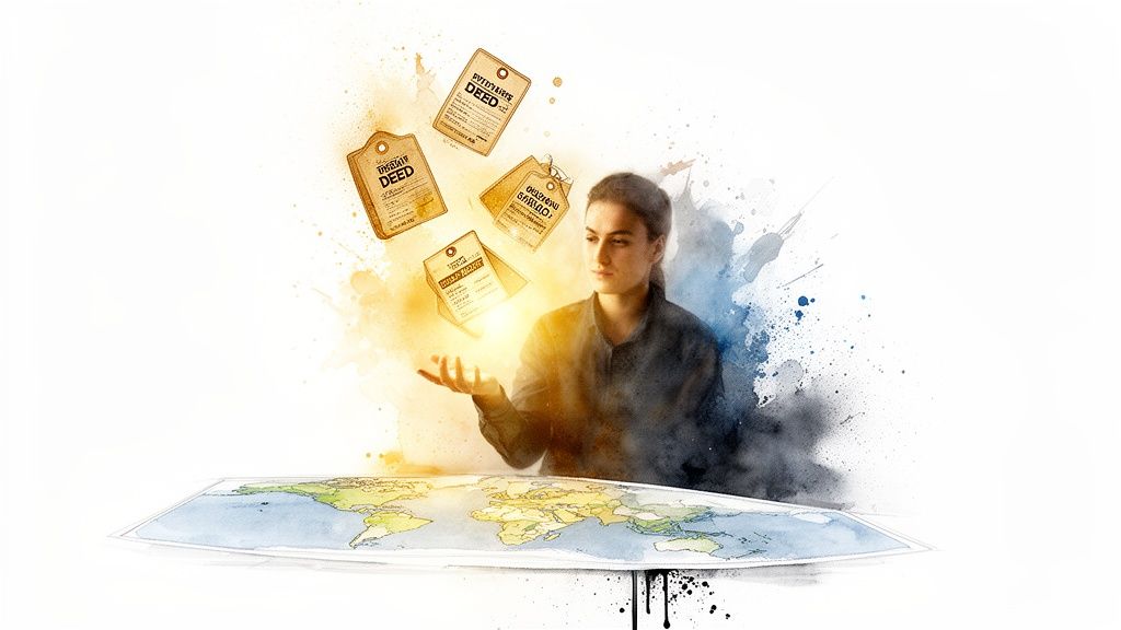 A person monitors floating property deeds and awards above a world map.