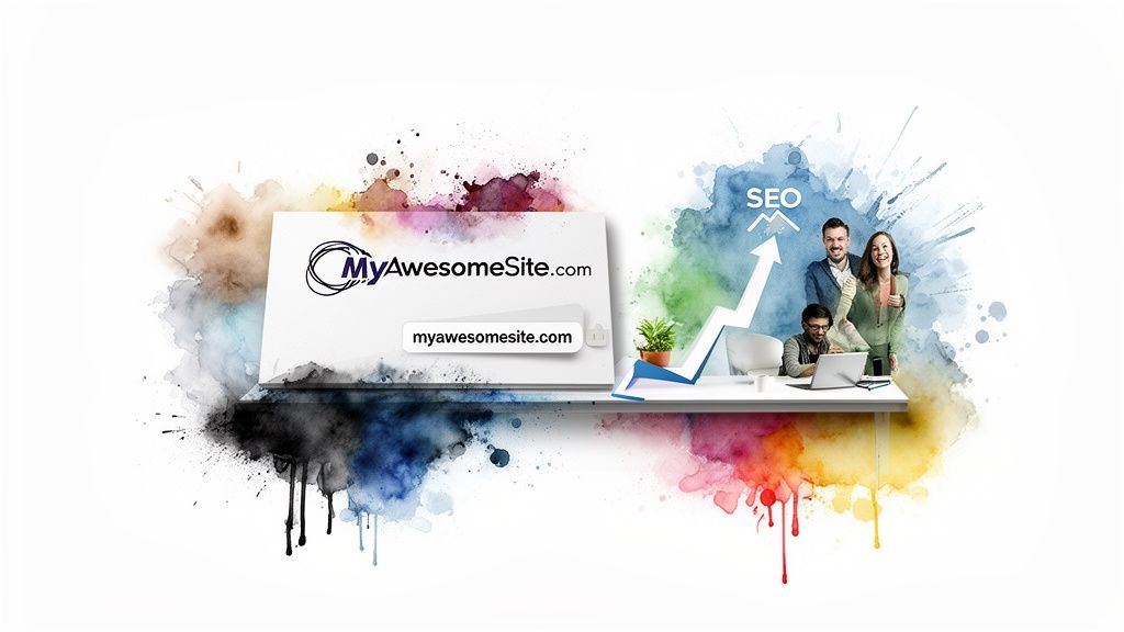 A diverse team collaborating on laptop for website SEO growth, displaying 'MyAwesomeSite.com'.