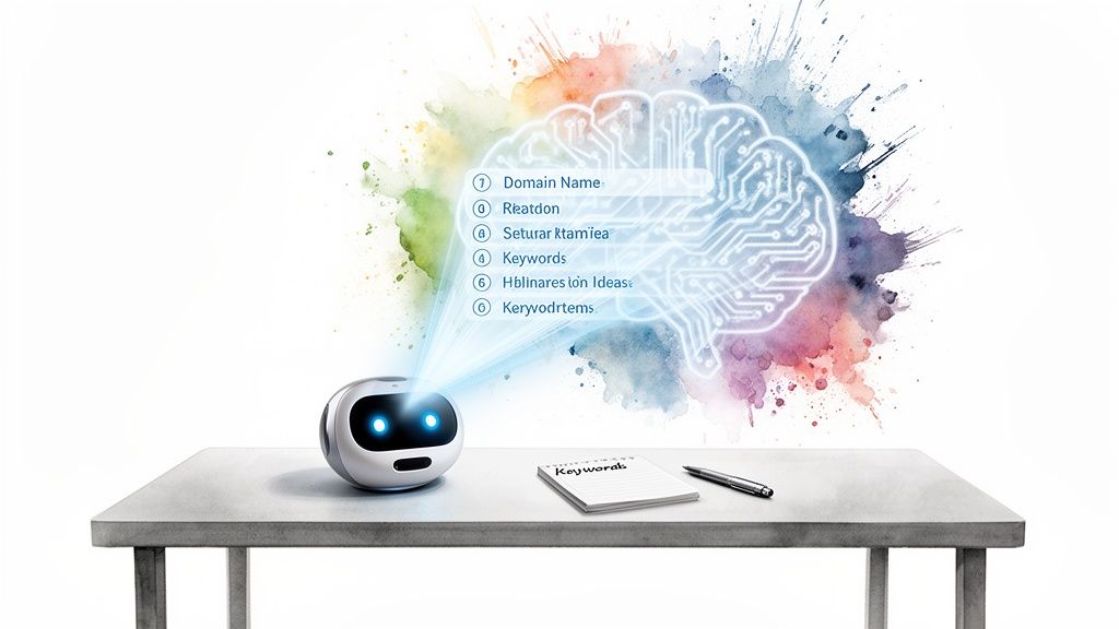 AI robot projects a list of domain name and keyword ideas onto a glowing brain outline.