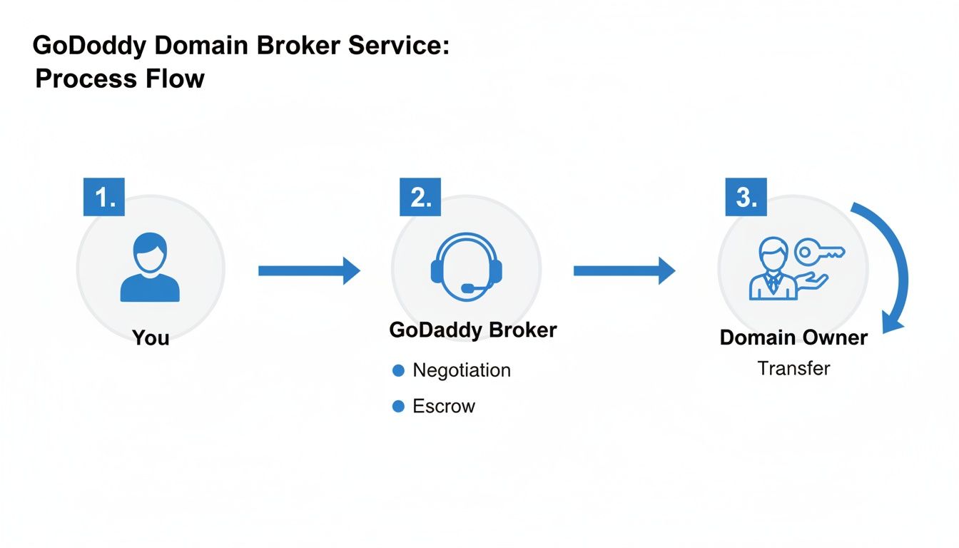 GoDaddy Domain Broker Service process flow showing steps from customer to domain owner.