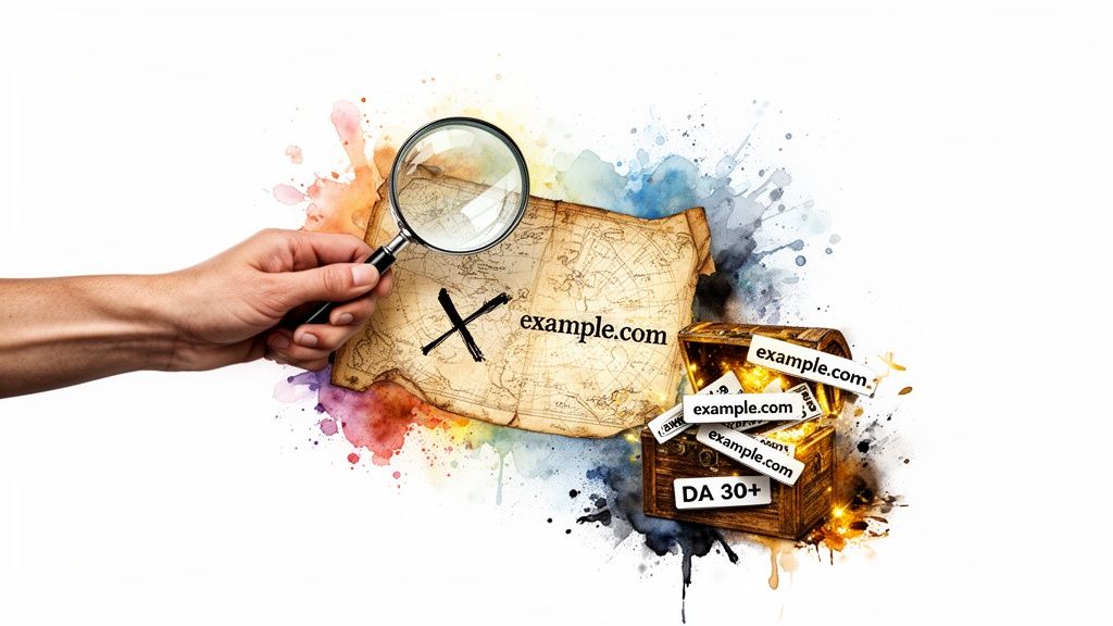 Magnifying glass examining a treasure map marking 'example.com', leading to a chest of high DA domains.