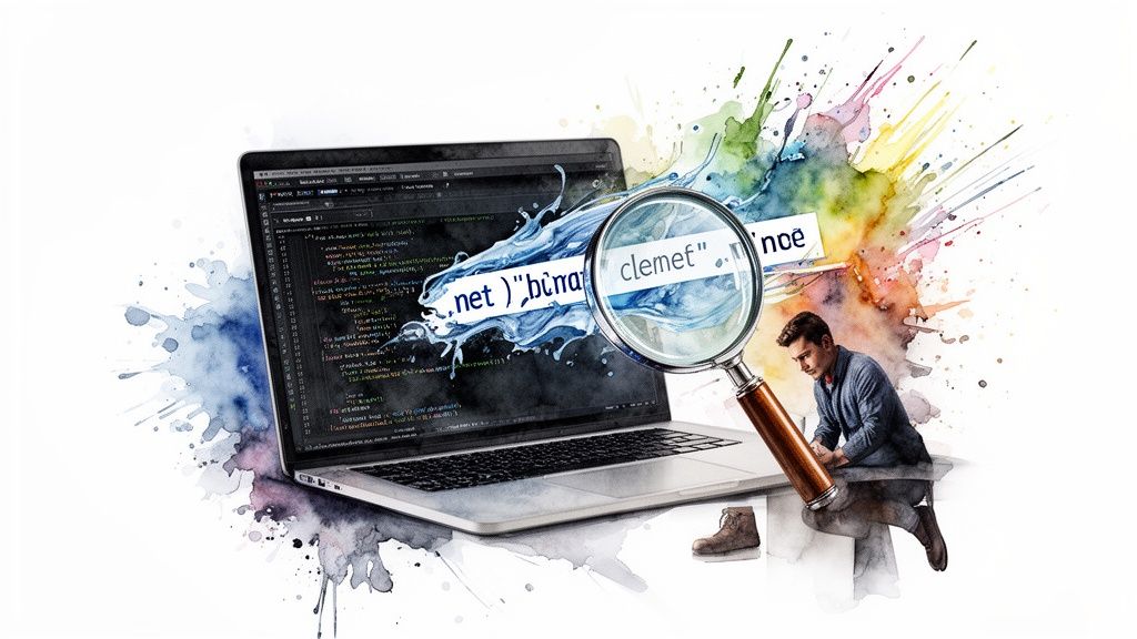 A magnifying glass inspecting code on a laptop screen with creative watercolor splashes surrounding the workstation.